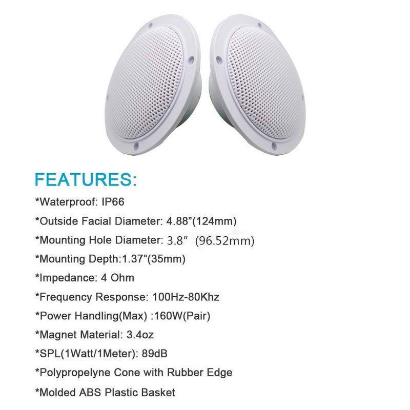 Herdio 4 Inches Waterproof Marine Ceiling Speakers with 160 Watts Power, Handling for Kitchen Bathroom Boat Car RV Camper Motorcycle Cloth Surround and Low Profile Design - 1 Pair (White) - Image 3